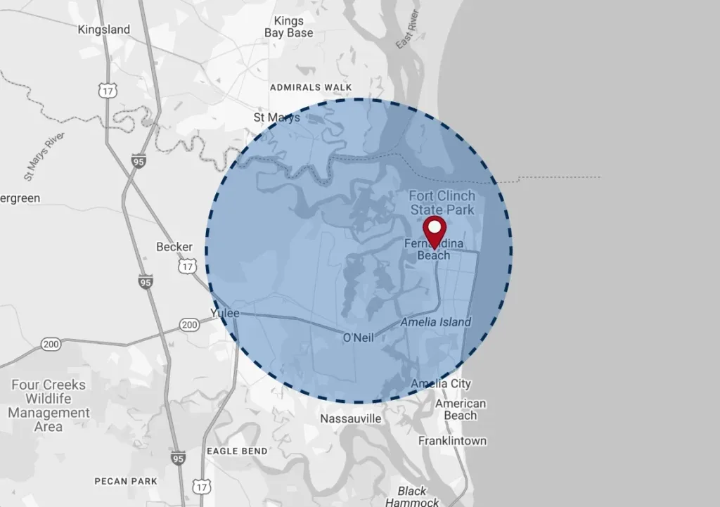 Map of the 321 Truck Ad service area around Fernandina Beach, Amelia Island and Yulee