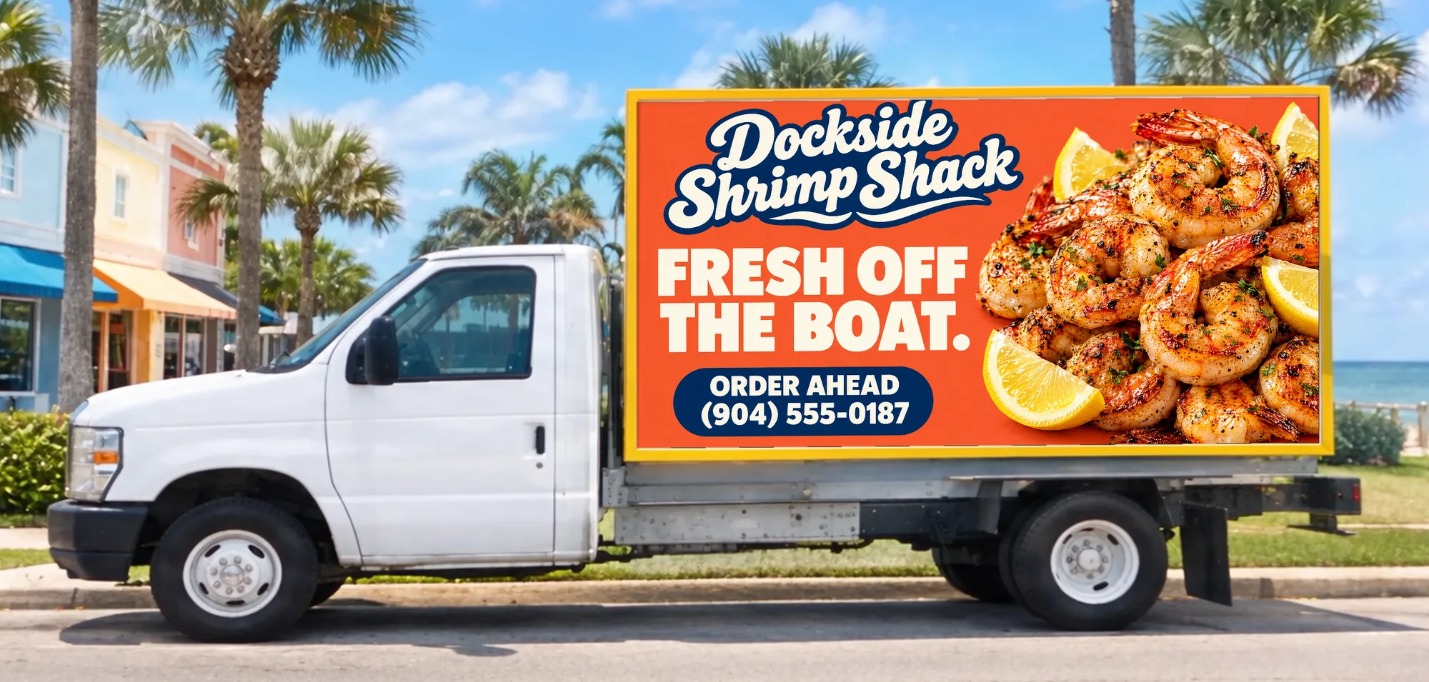 Dockside Shrimp Shack ad on the billboard truck: Fresh off the boat. Order ahead (904) 555-0187