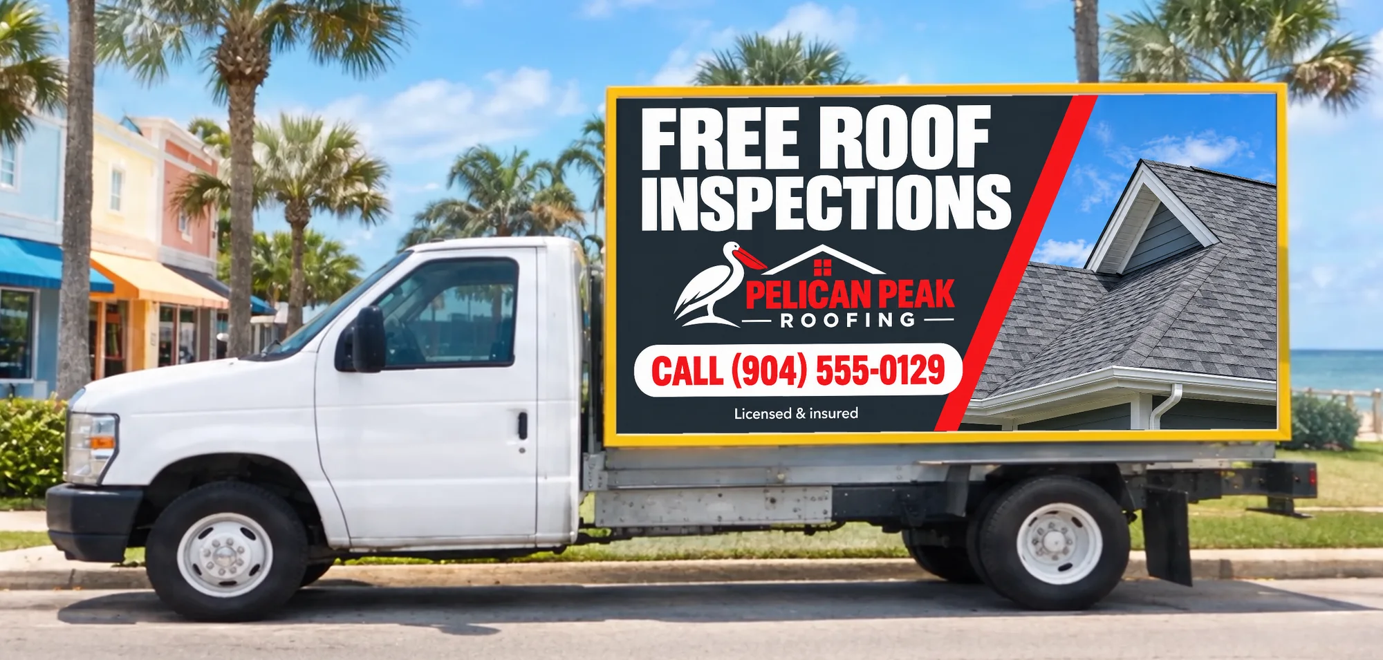 Pelican Peak Roofing ad on the billboard truck: Free roof inspections. Call (904) 555-0129