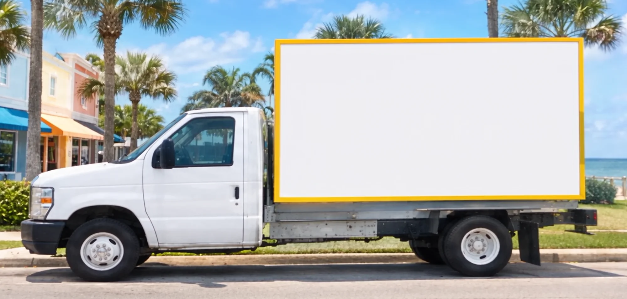 The 321 Truck Ad billboard truck with a blank white ad face, parked on a sunny coastal street